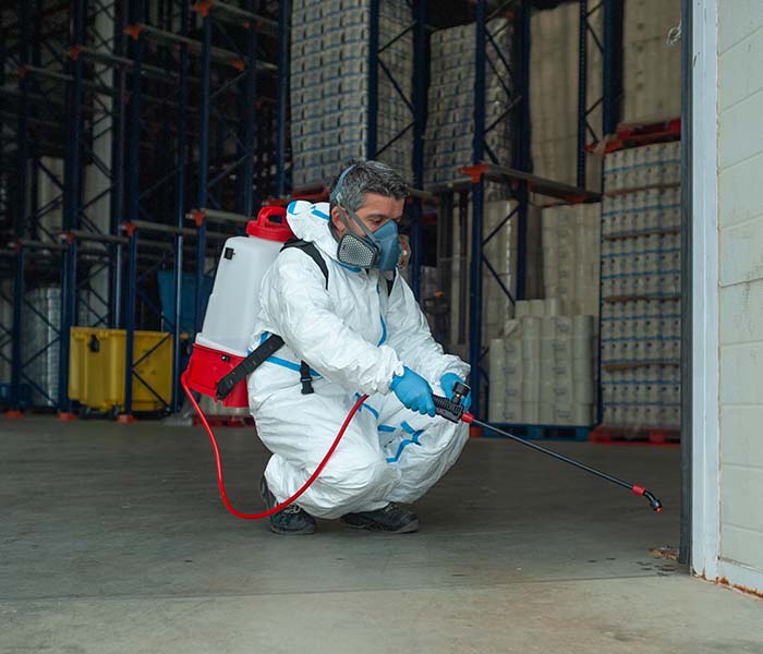 Fumigator sanitizing, cleaning and disinfection. Coronavirus pandemic professional control.