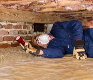 inspector checking crawl space for termites